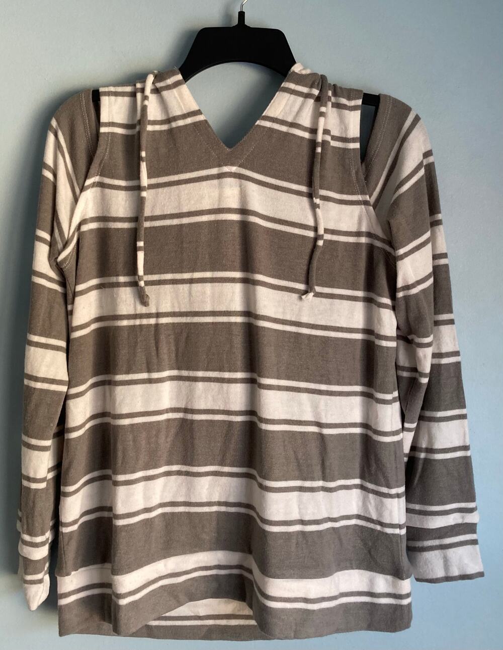 NWT Chaser Hoodie Cold Shoulder Large Gray and White Stripes, So SOFT!
